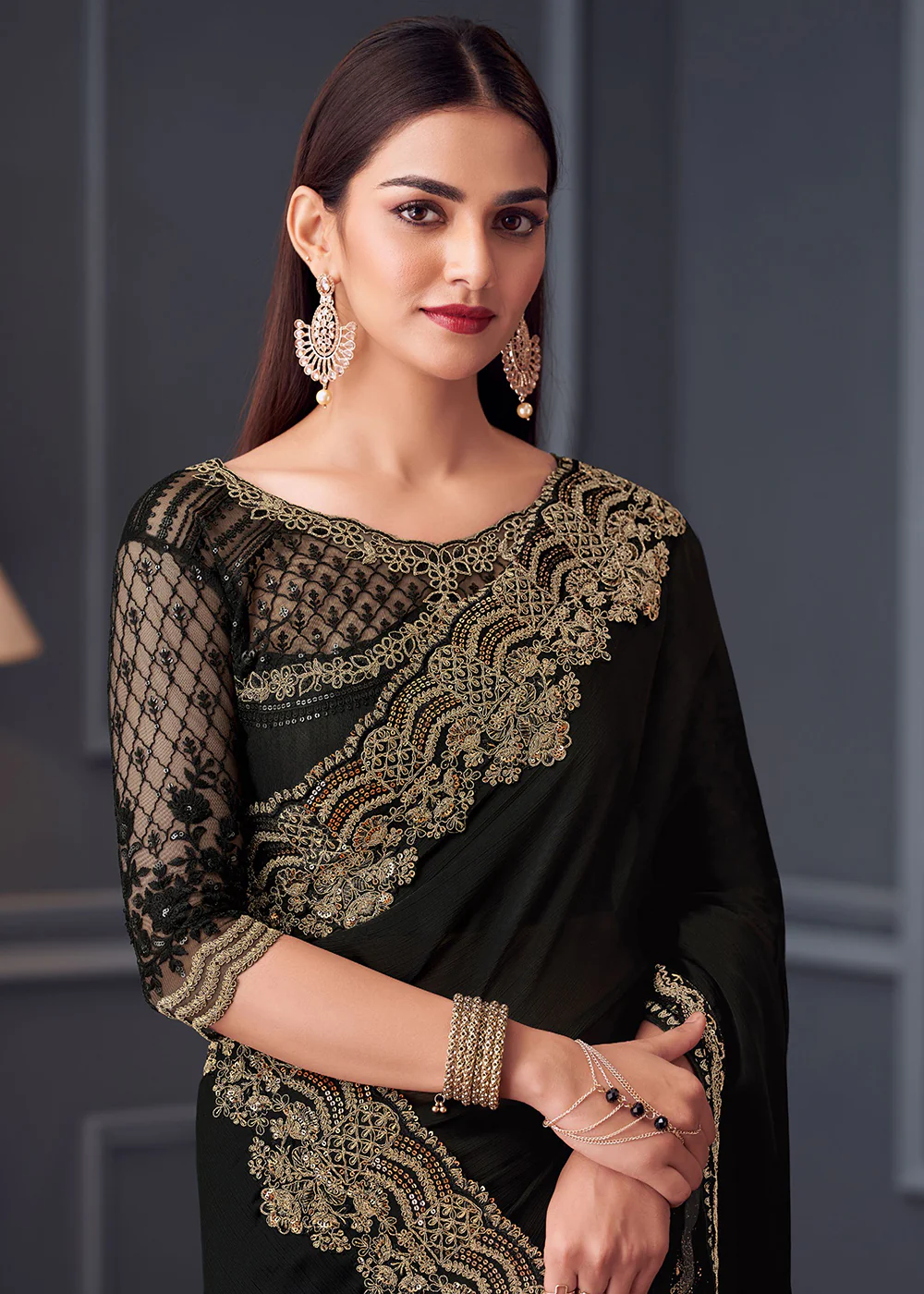 Wedding Festive Style Black Embroidered Designer Saree - Image 2