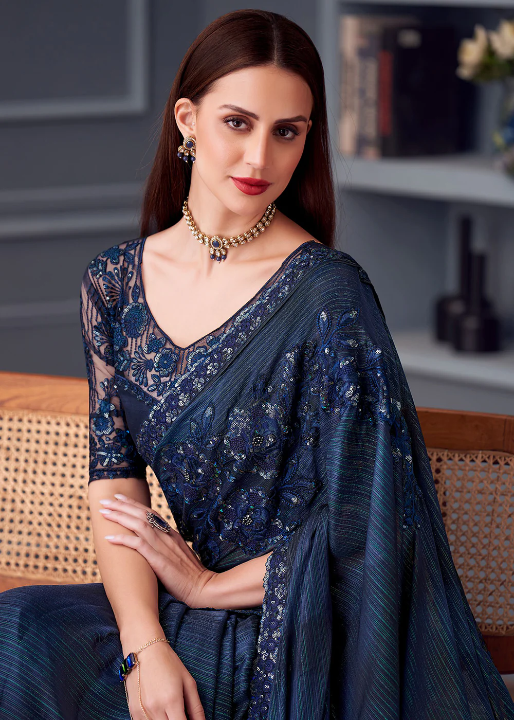 Wedding Festive Style Blue Embroidered Designer Saree - Image 2