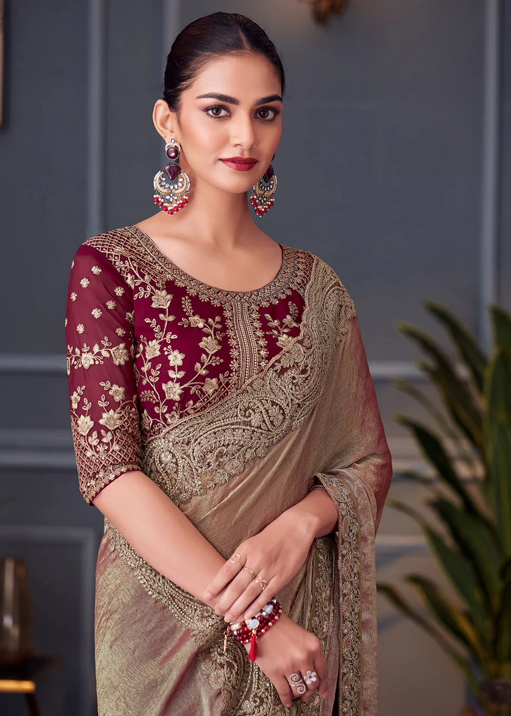 Wedding Festive Style Brown Embroidered Designer Saree - Image 2