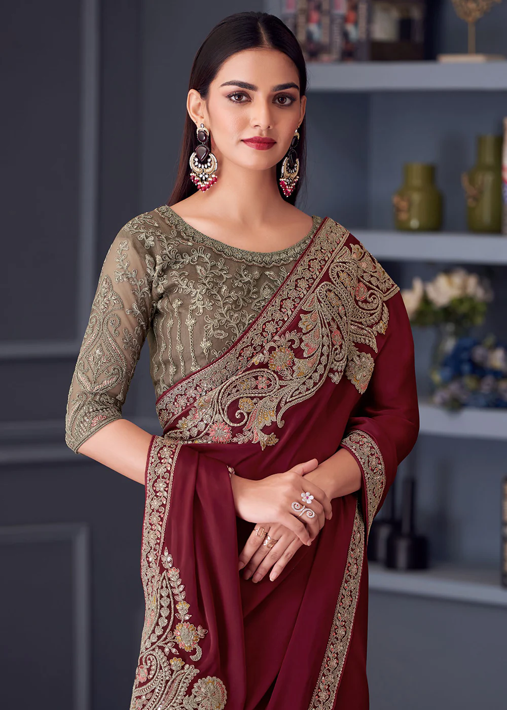 Wedding Festive Style Maroon Embroidered Designer Saree - Image 2