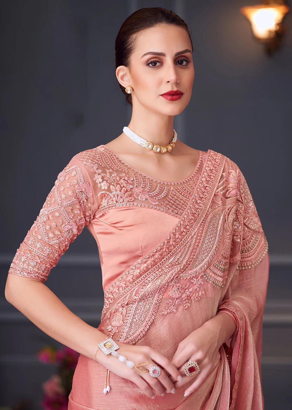 Wedding Festive Style Peach Embroidered Designer Saree - Image 2