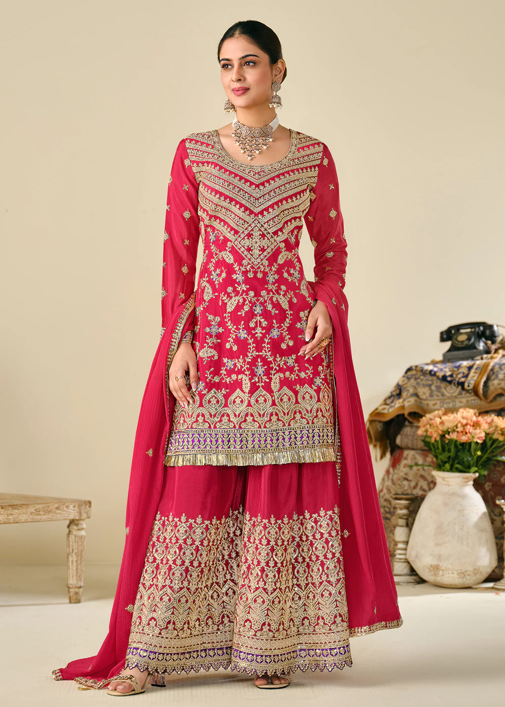 Wedding Festive Style Pink Embroidered Chinnon Suit