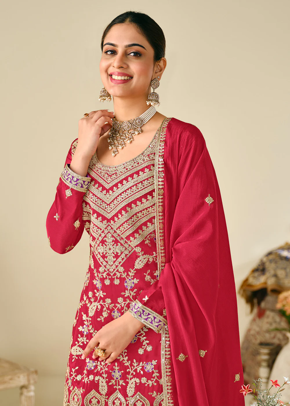 Wedding Festive Style Pink Embroidered Chinnon Suit - Image 2