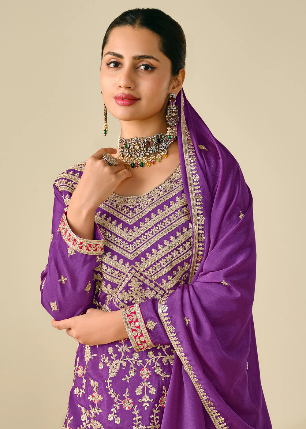 Wedding Festive Style Purple Embroidered Chinnon Suit - Image 2