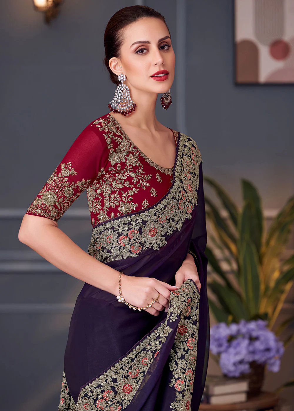 Wedding Festive Style Purple Embroidered Designer Saree - Image 2