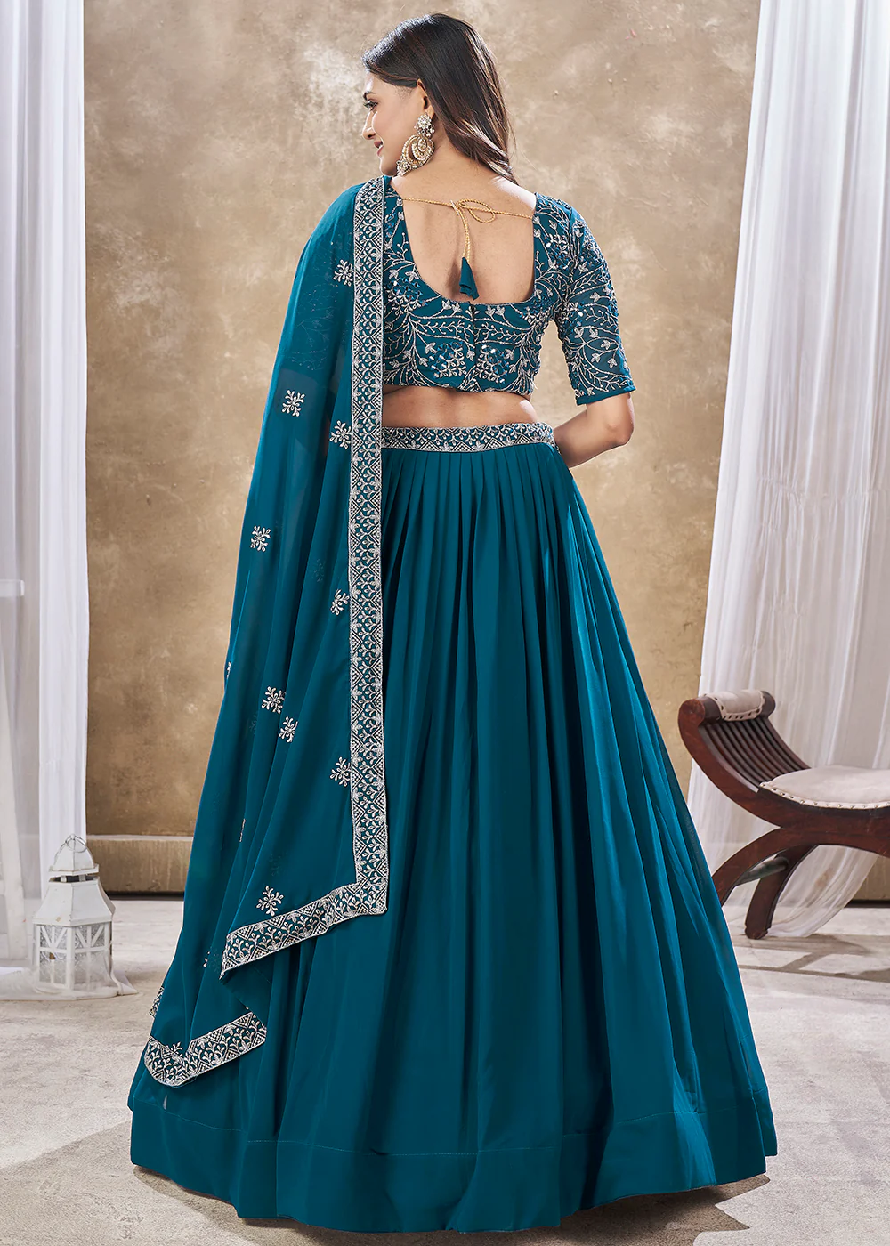 Wedding Festive Style Teal Blue Embroidered Lehenga Choli - Image 3