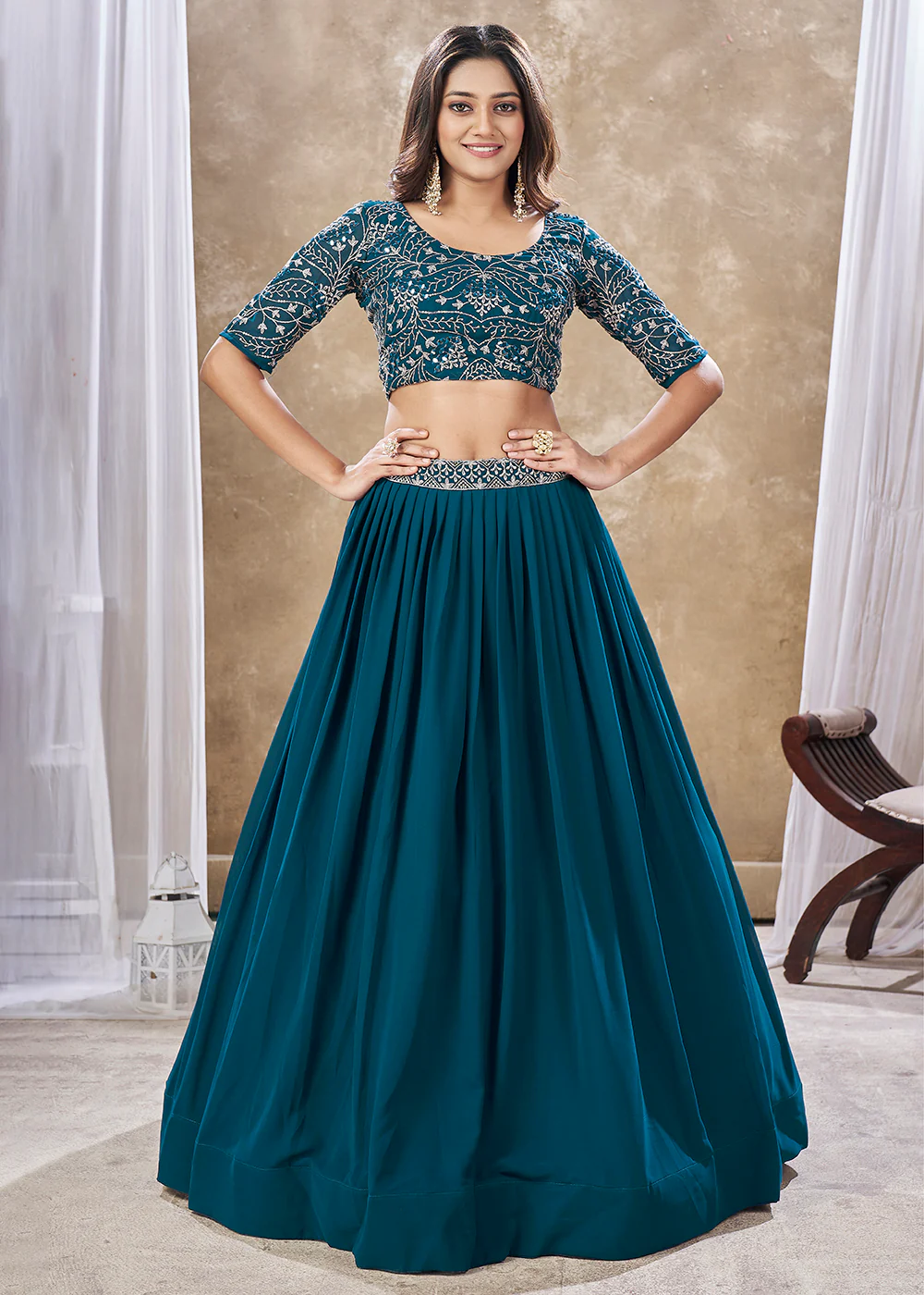 Wedding Festive Style Teal Blue Embroidered Lehenga Choli - Image 4