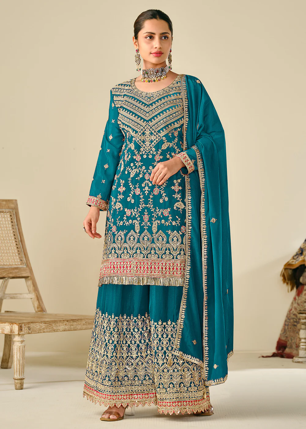 Wedding Festive Style Teal Embroidered Chinnon Suit