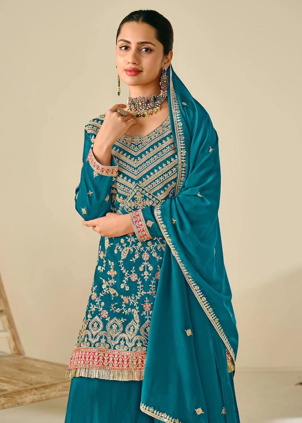 Wedding Festive Style Teal Embroidered Chinnon Suit - Image 2