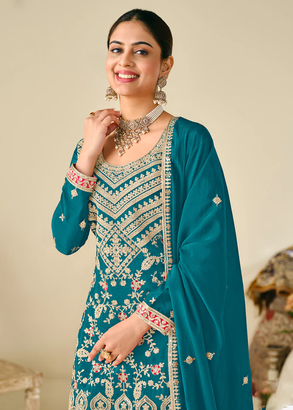 Wedding Festive Style Teal Embroidered Chinnon Suit - Image 3