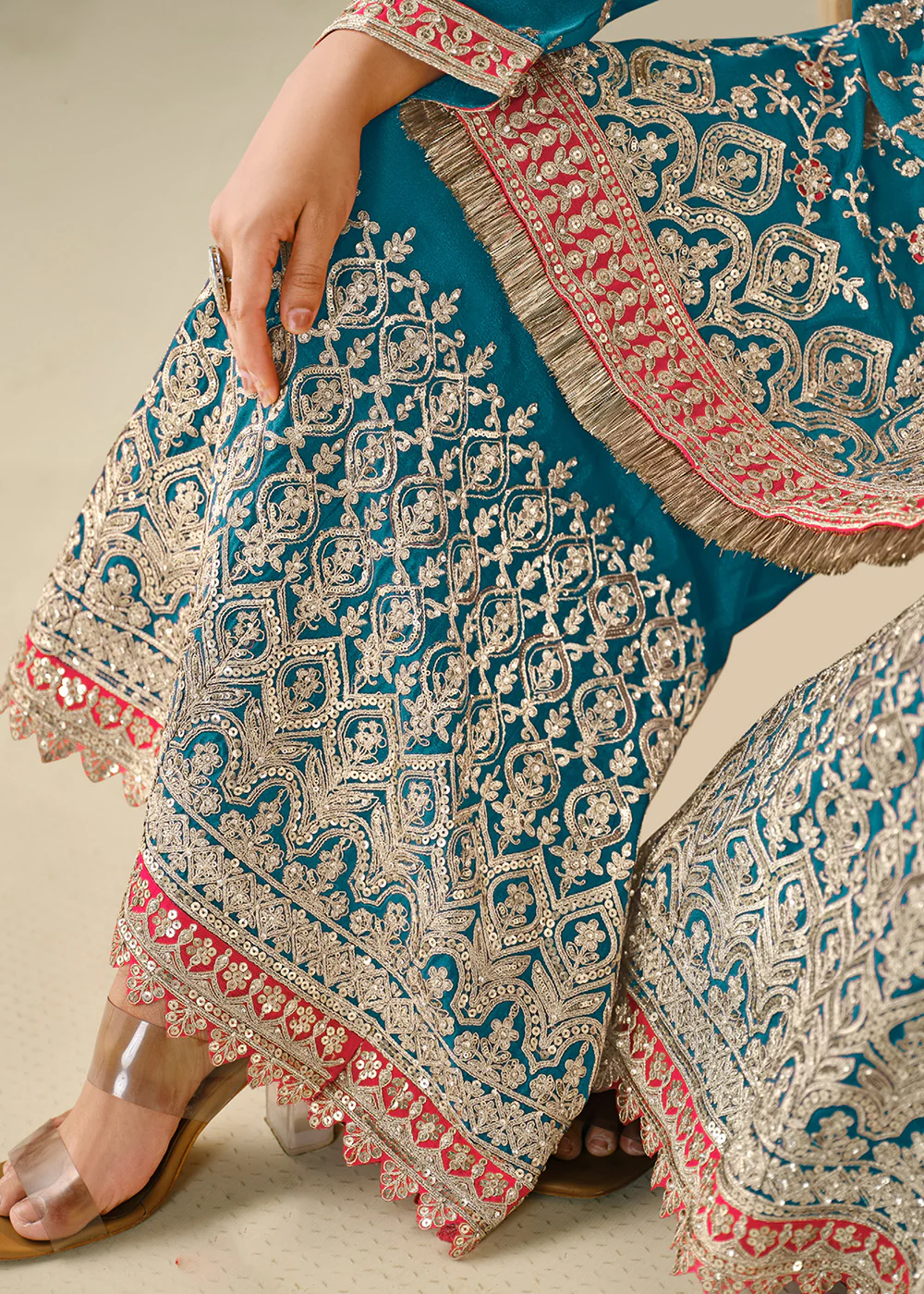 Wedding Festive Style Teal Embroidered Chinnon Suit - Image 4