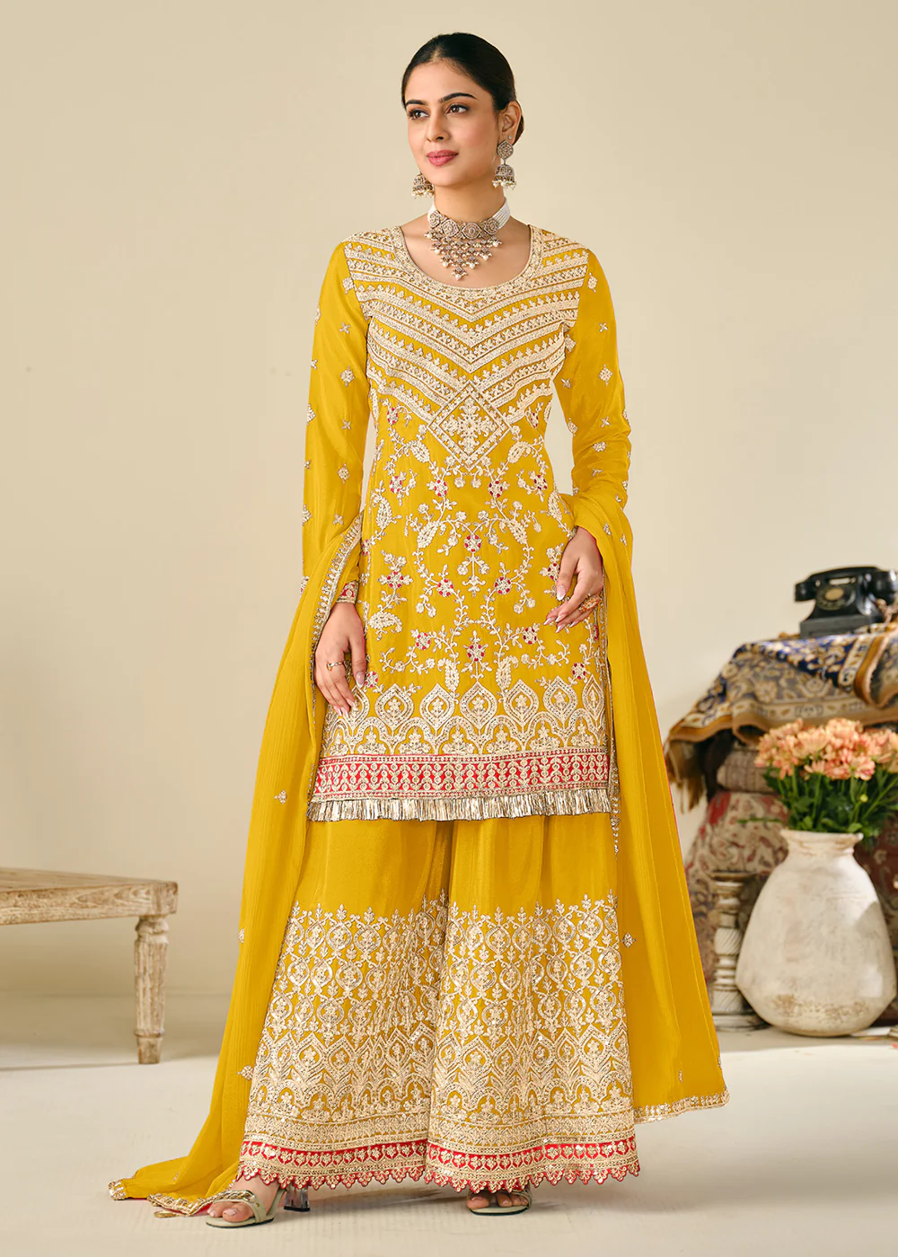 Wedding Festive Style Yellow Embroidered Chinnon Suit