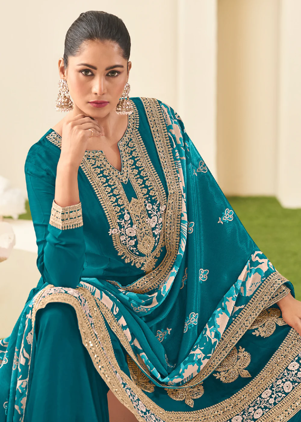 Wedding Festive Teal Blue Embroidered Palazzo Suit - Image 2