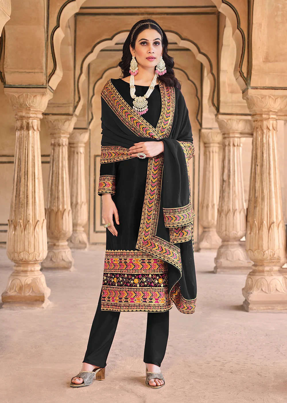 Wedding Festive Velvet Black Pant Style Salwar Suit - Image 3