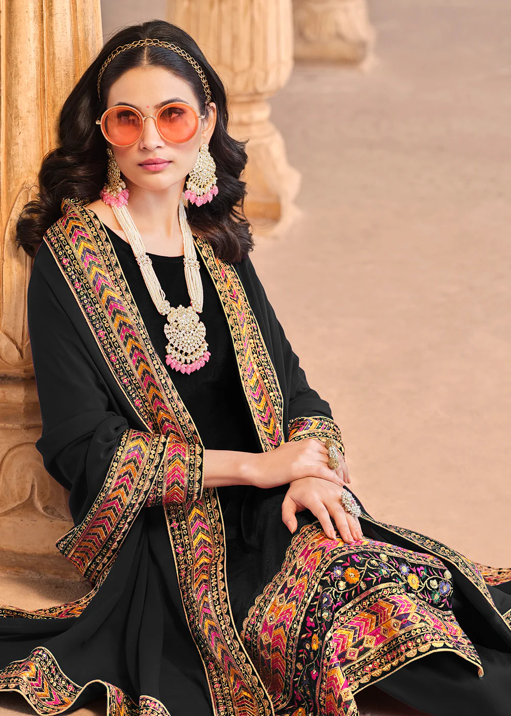 Wedding Festive Velvet Black Pant Style Salwar Suit - Image 4