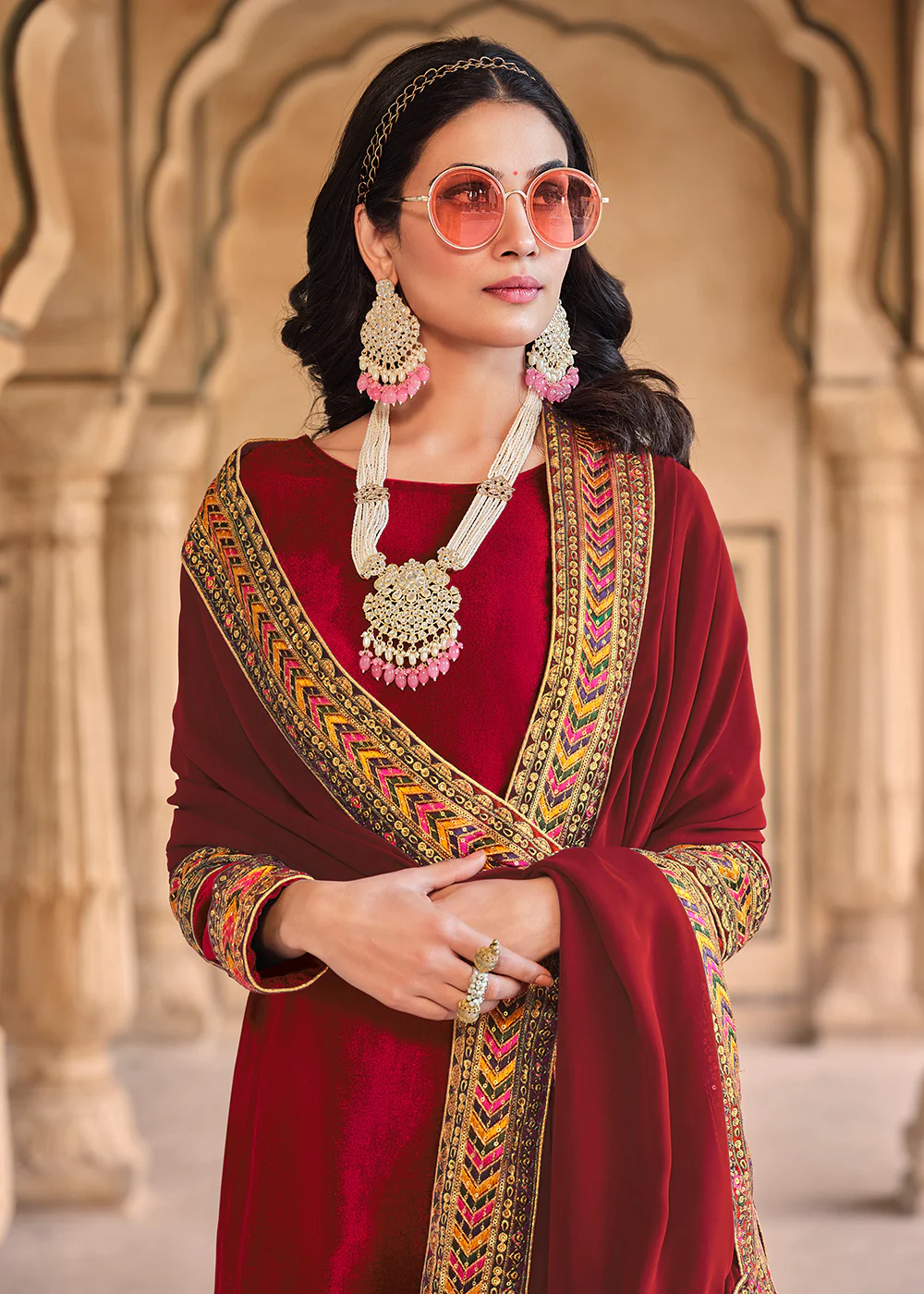 Wedding Festive Velvet Red Pant Style Salwar Suit - Image 2