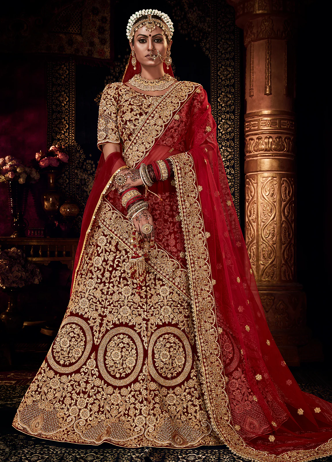 Wedding Maroon Velvet Embroidered Bridal Lehenga Choli