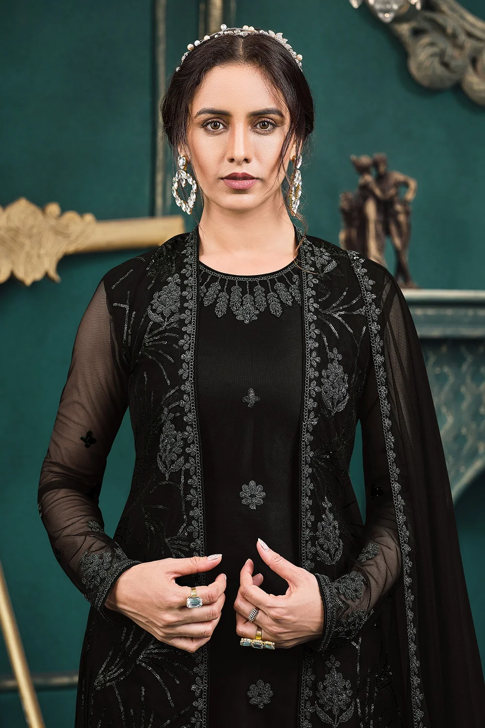 Wedding Party Black Designer Palazzo Suit with Jacket - Image 2