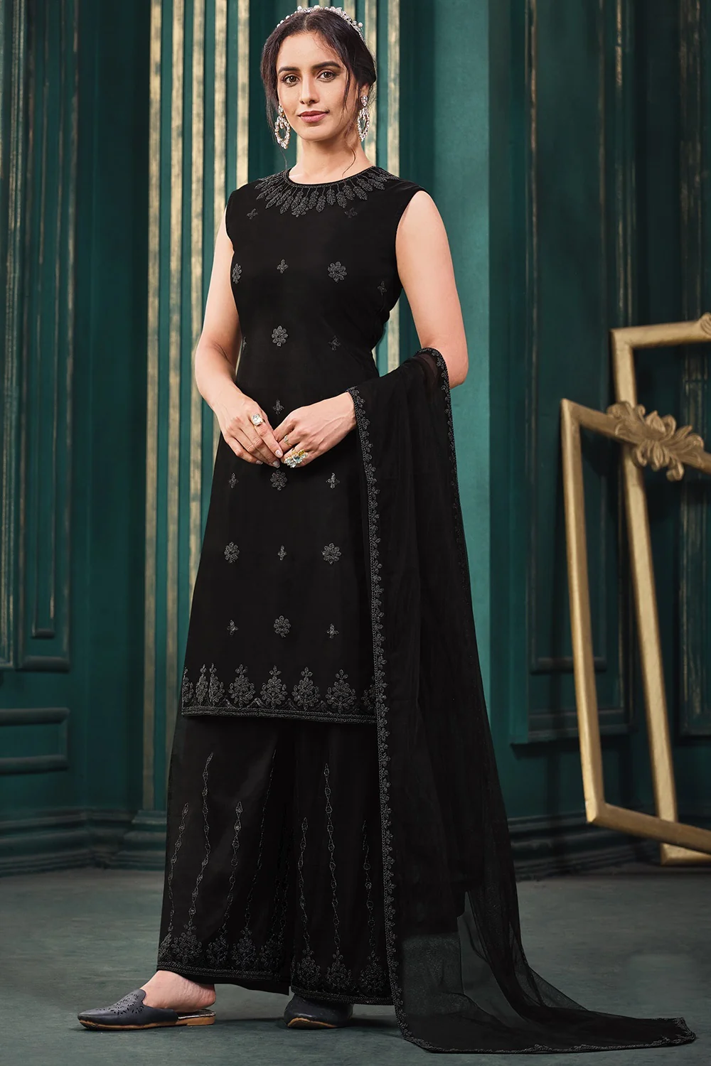 Wedding Party Black Designer Palazzo Suit with Jacket - Image 3