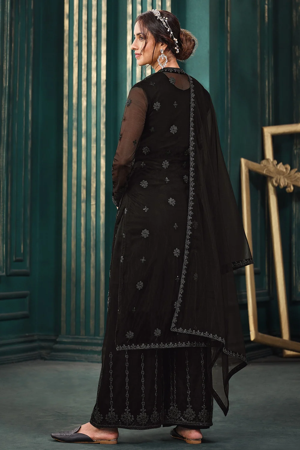 Wedding Party Black Designer Palazzo Suit with Jacket - Image 4