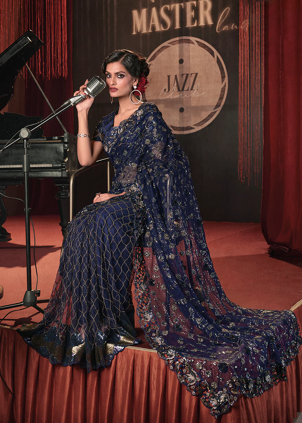 Wedding Party Blue Net Embroidered Designer Saree - Image 4