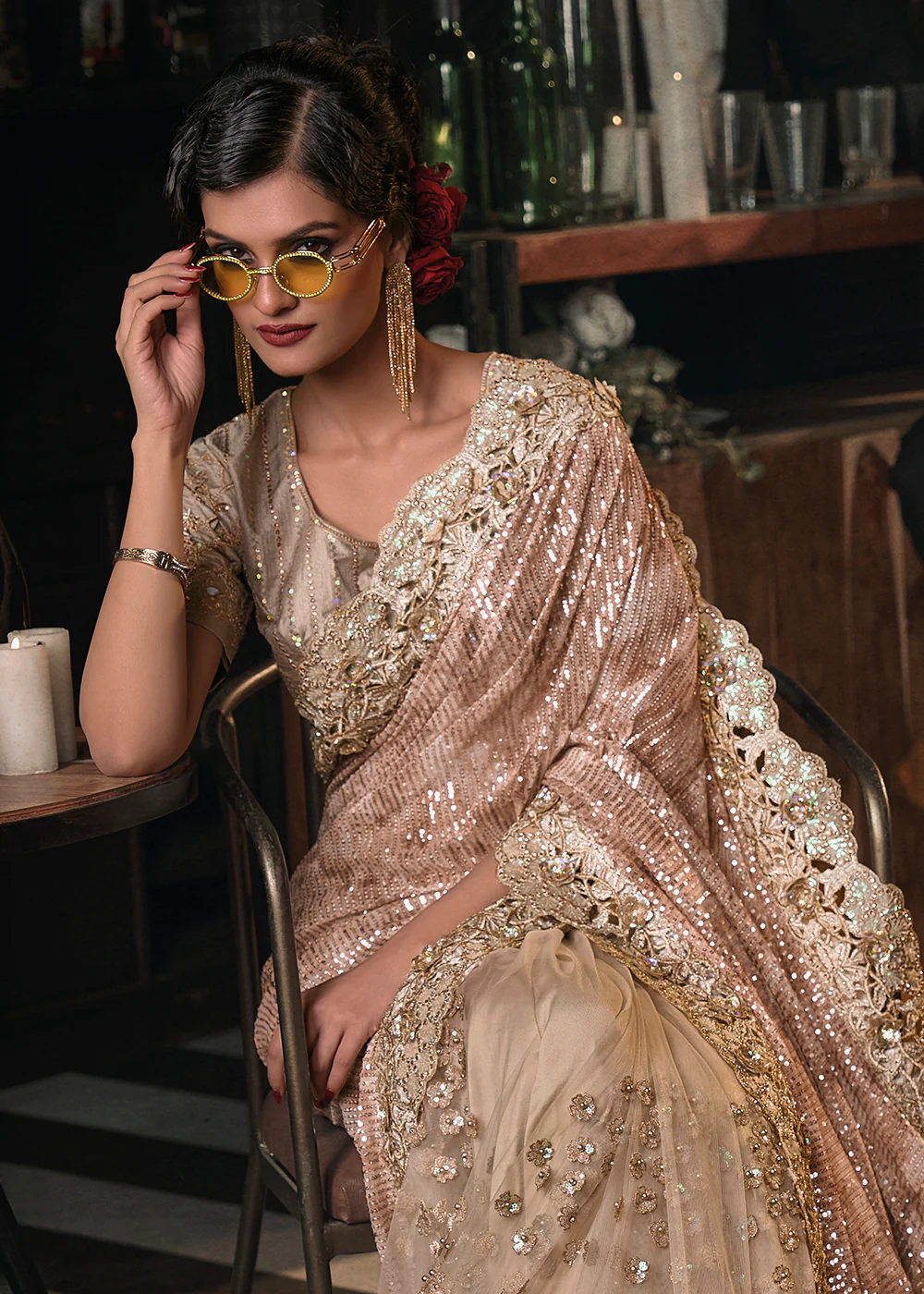 Wedding Party Chiku Brown Net Embroidered Designer Saree - Image 2