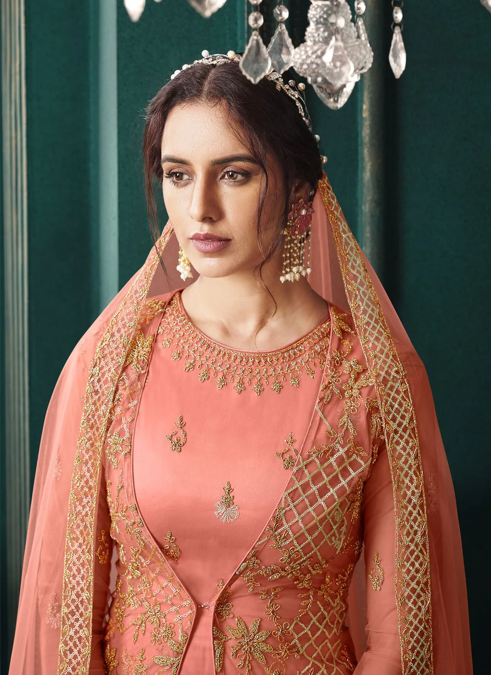 Wedding Party Coral Peach Designer Pant Suit with Jacket - Image 2