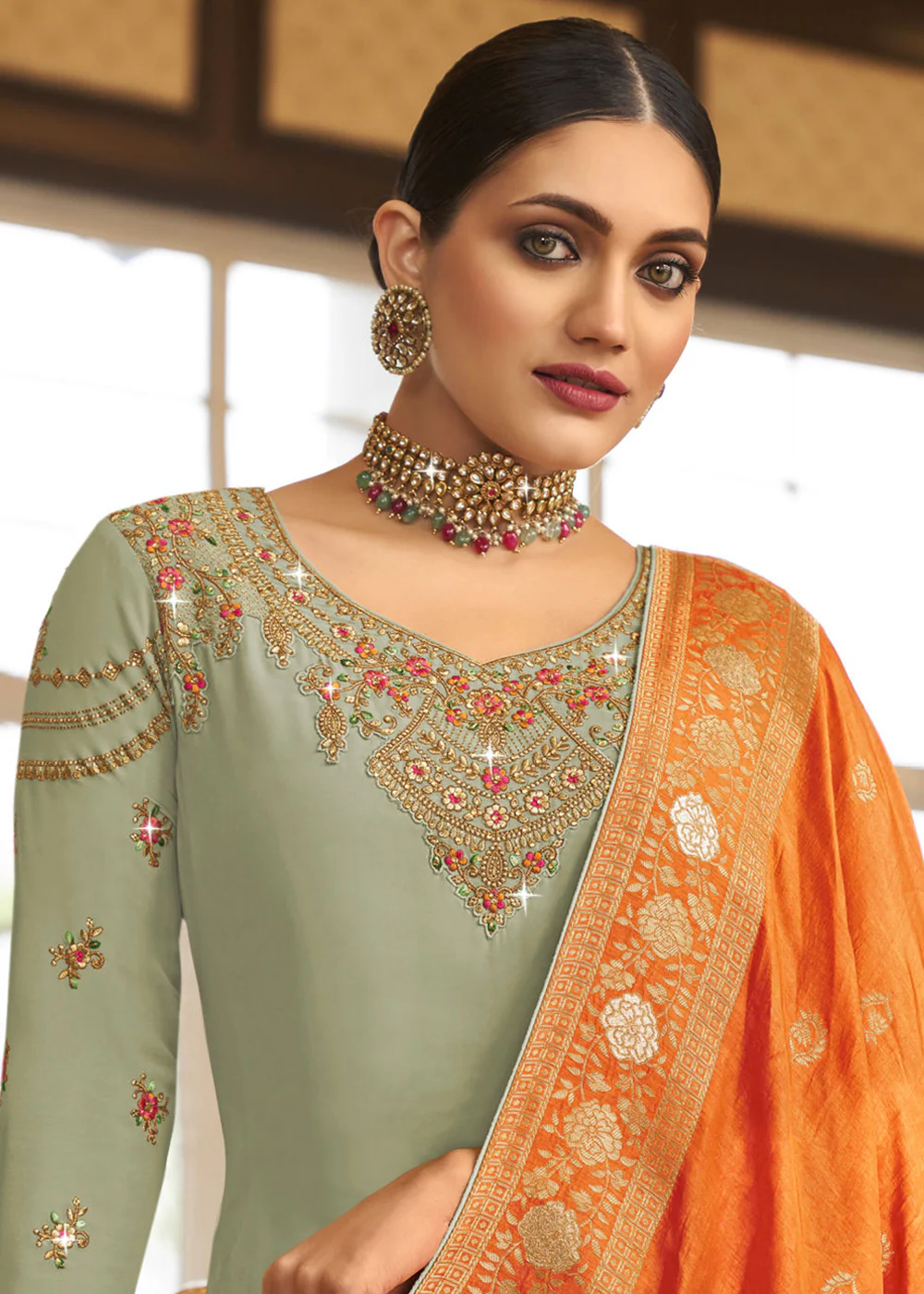 Wedding Party Fabulous Sage Green Thread & Zari Salwar Suit - Image 2