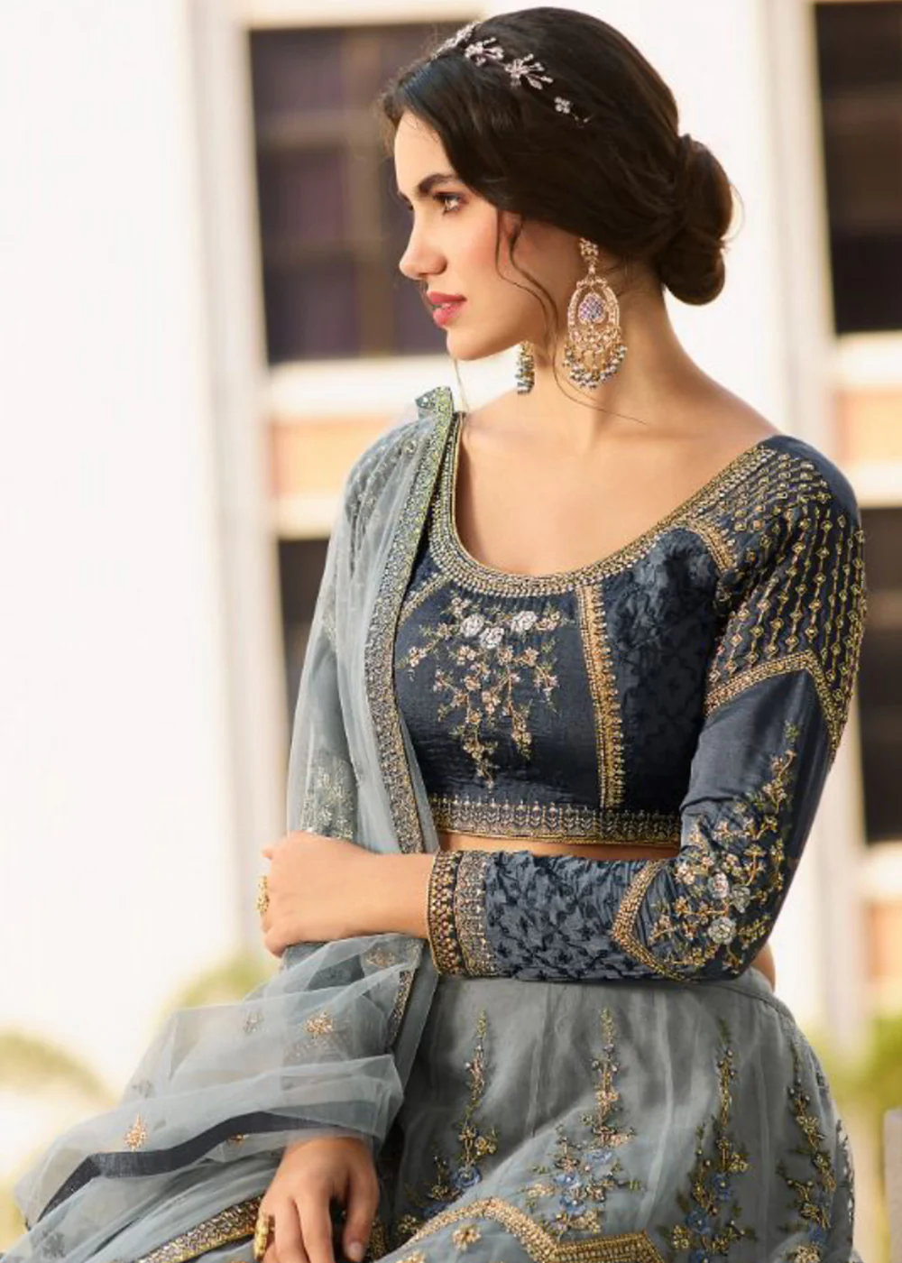 Wedding Party Grey & Gold Embroidered Stunning Lehenga - Image 2