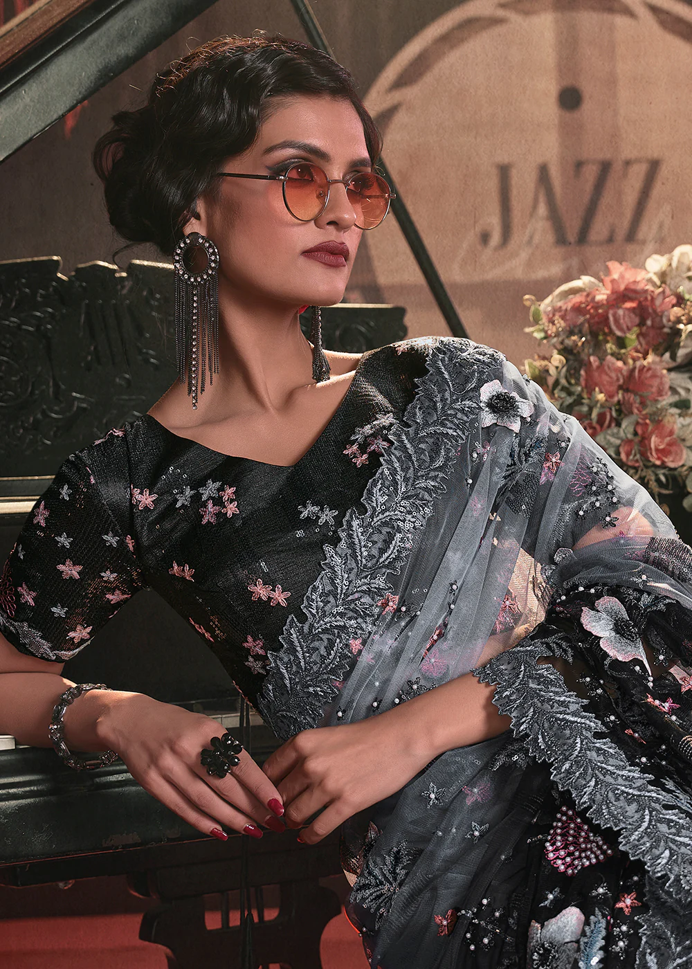 Wedding Party Grey to Black Shaded Net Embroidered Designer Saree - Image 2
