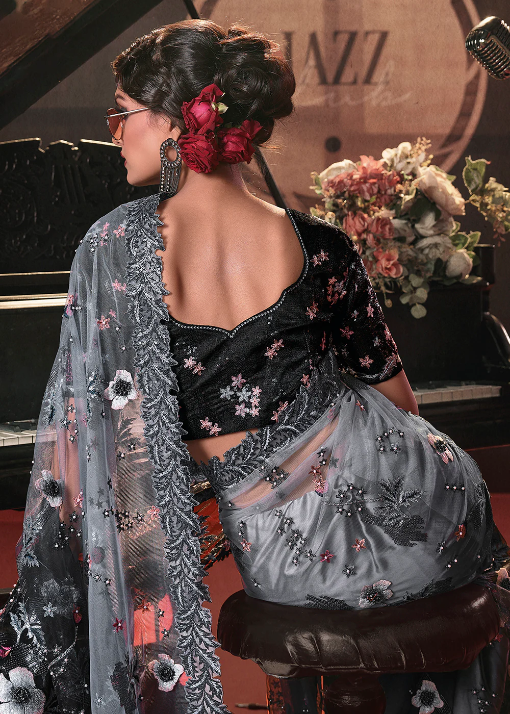 Wedding Party Grey to Black Shaded Net Embroidered Designer Saree - Image 3
