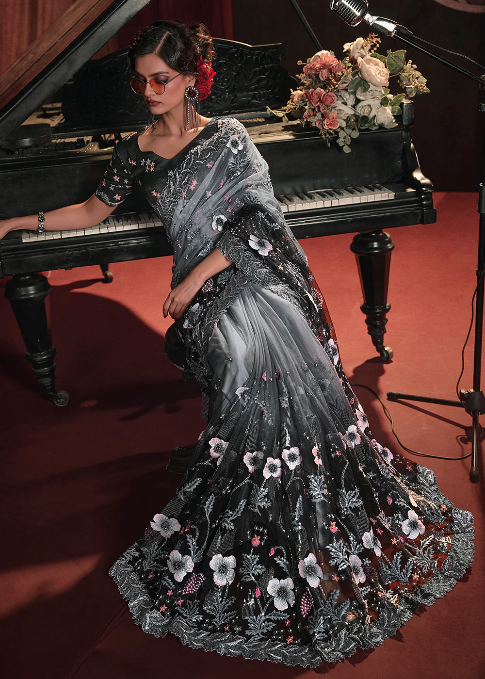 Wedding Party Grey to Black Shaded Net Embroidered Designer Saree - Image 4