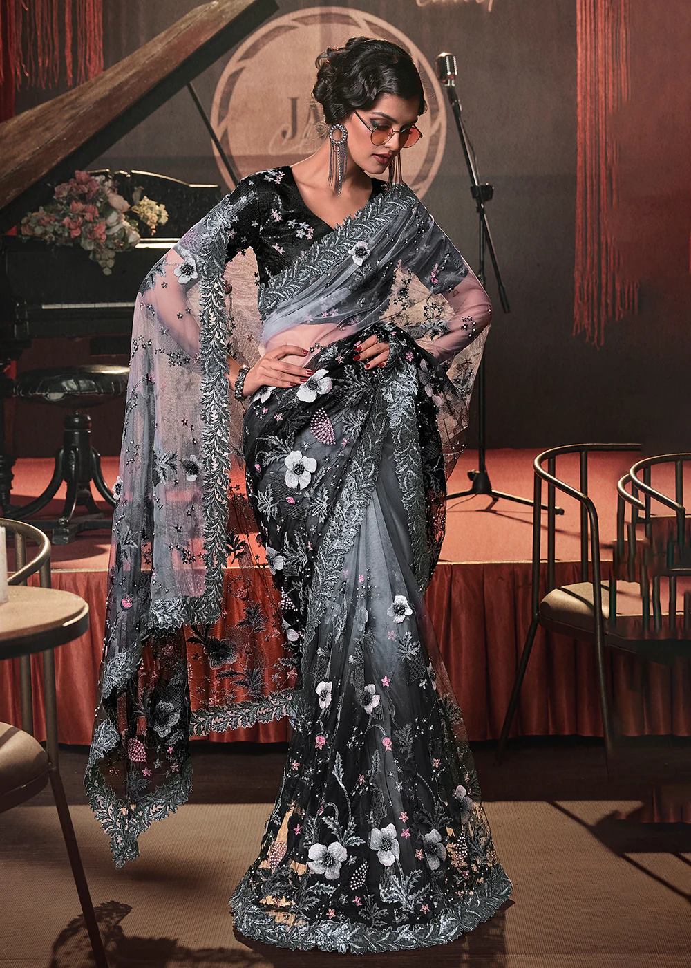 Wedding Party Grey to Black Shaded Net Embroidered Designer Saree - Image 5