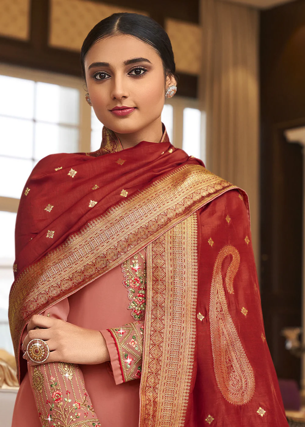 Wedding Party Incredible Dusty Pink Thread & Zari Salwar Suit - Image 3