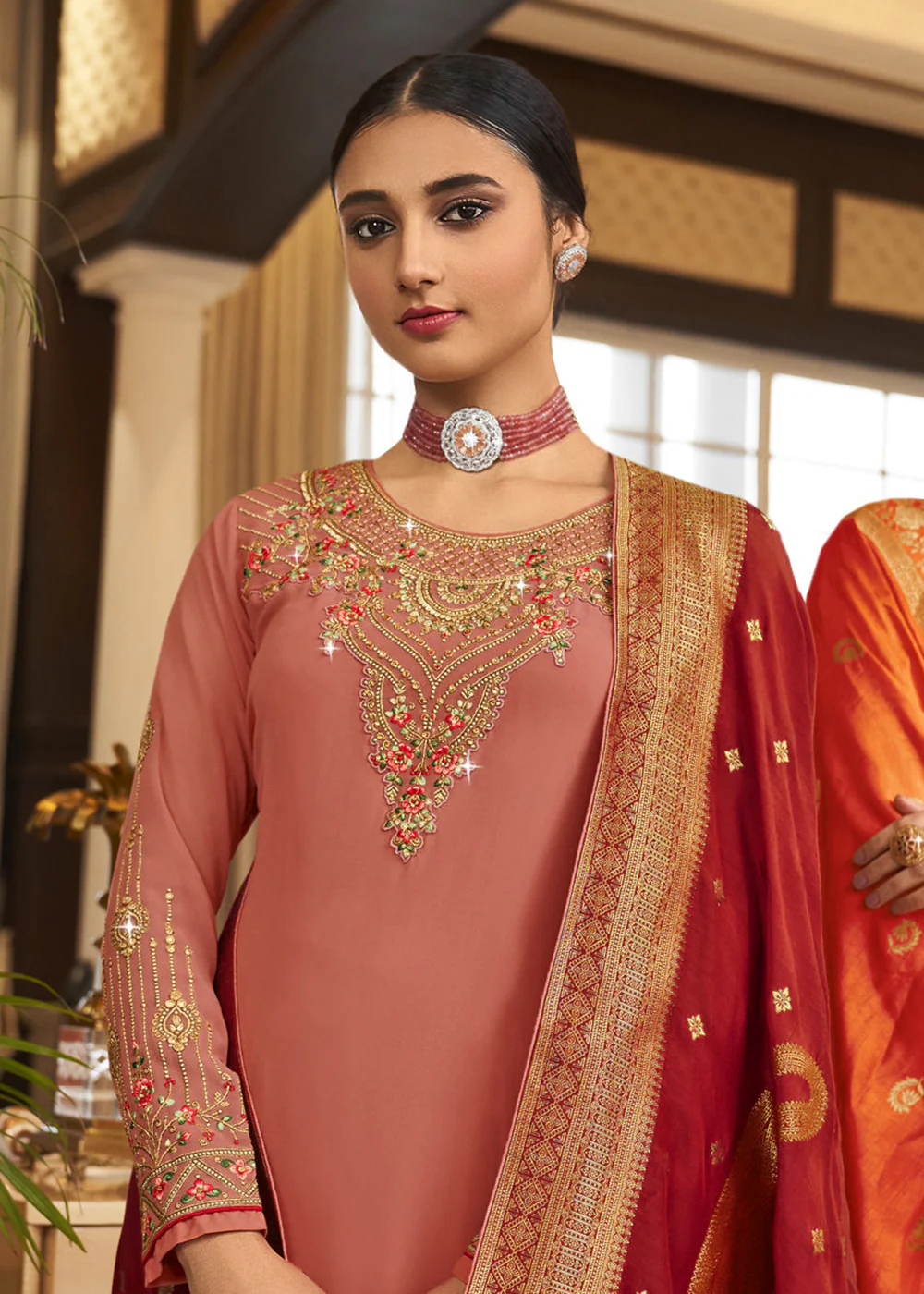 Wedding Party Incredible Dusty Pink Thread & Zari Salwar Suit - Image 4