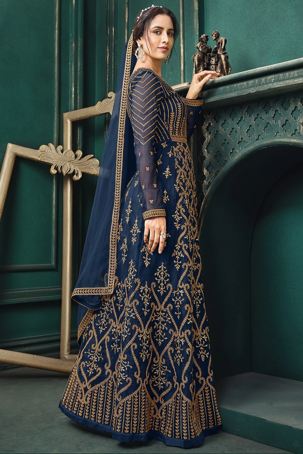 Wedding Party Navy Blue Net Designer Anarkali Suit - Image 4
