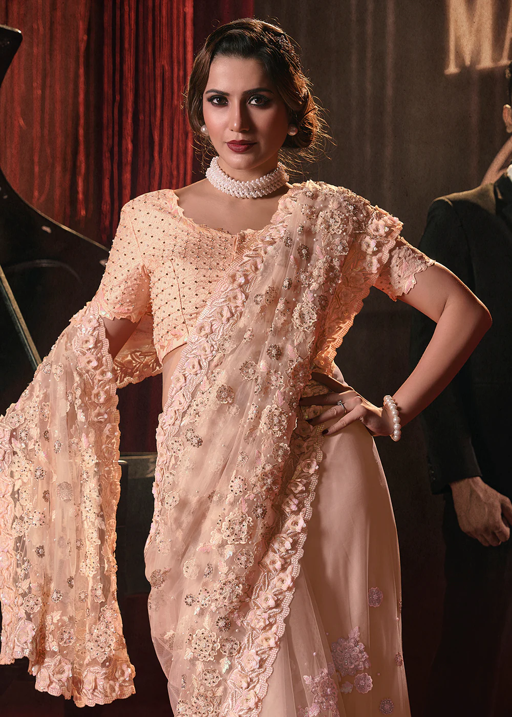Wedding Party Peach Net Embroidered Designer Saree - Image 2