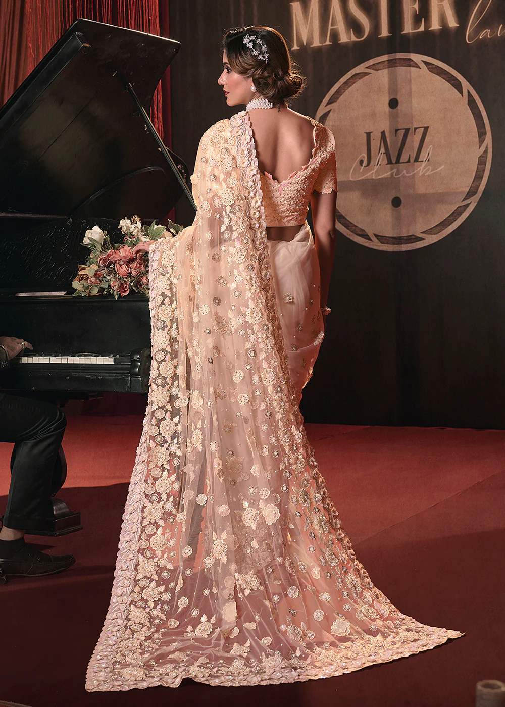 Wedding Party Peach Net Embroidered Designer Saree - Image 3