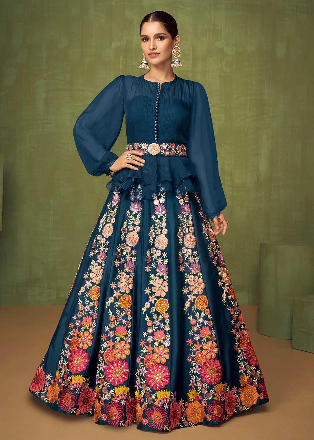 Wedding Party Peacock Blue Bridesmaid Peplum Anarkali Style Skirt