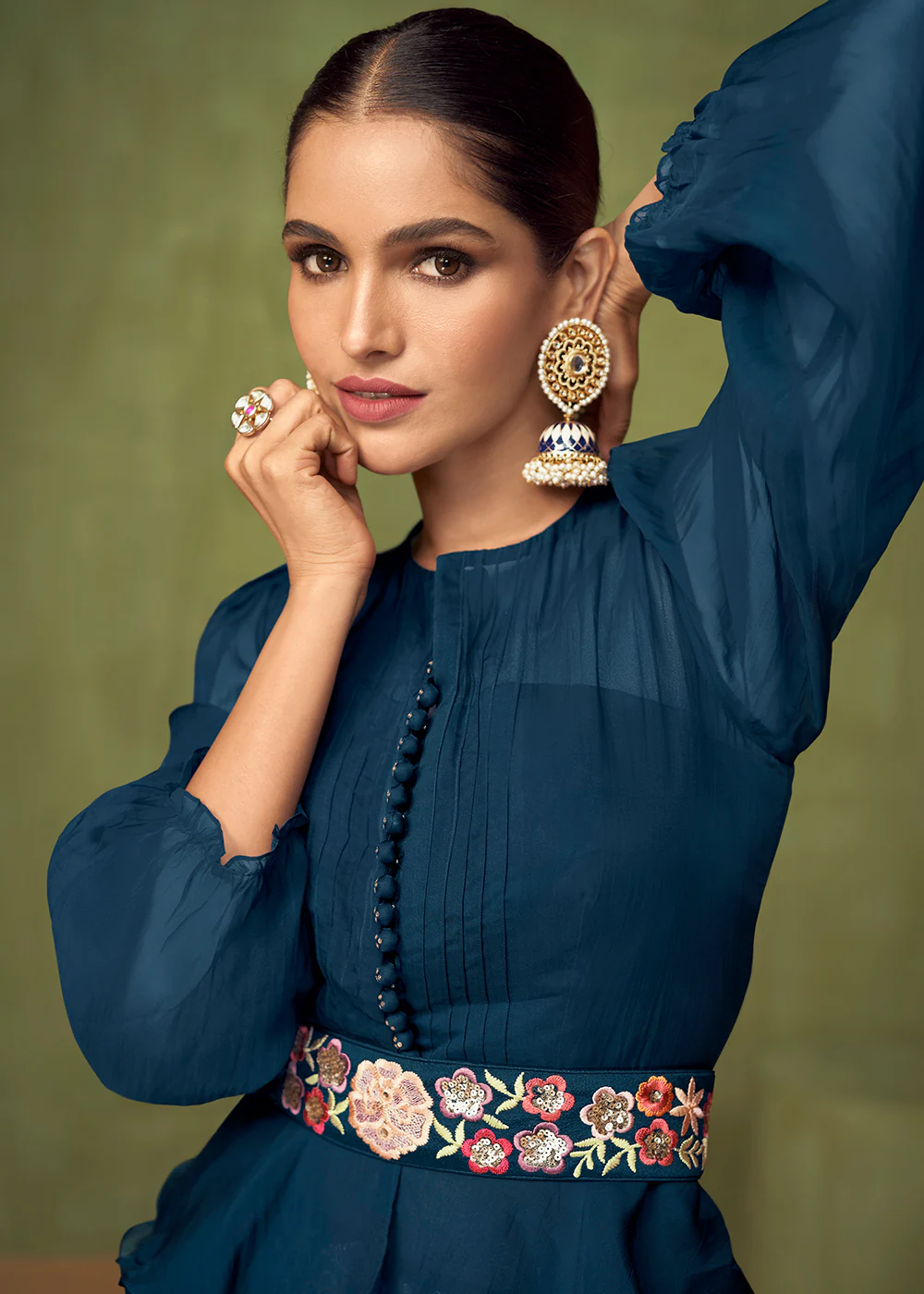 Wedding Party Peacock Blue Bridesmaid Peplum Anarkali Style Skirt - Image 2