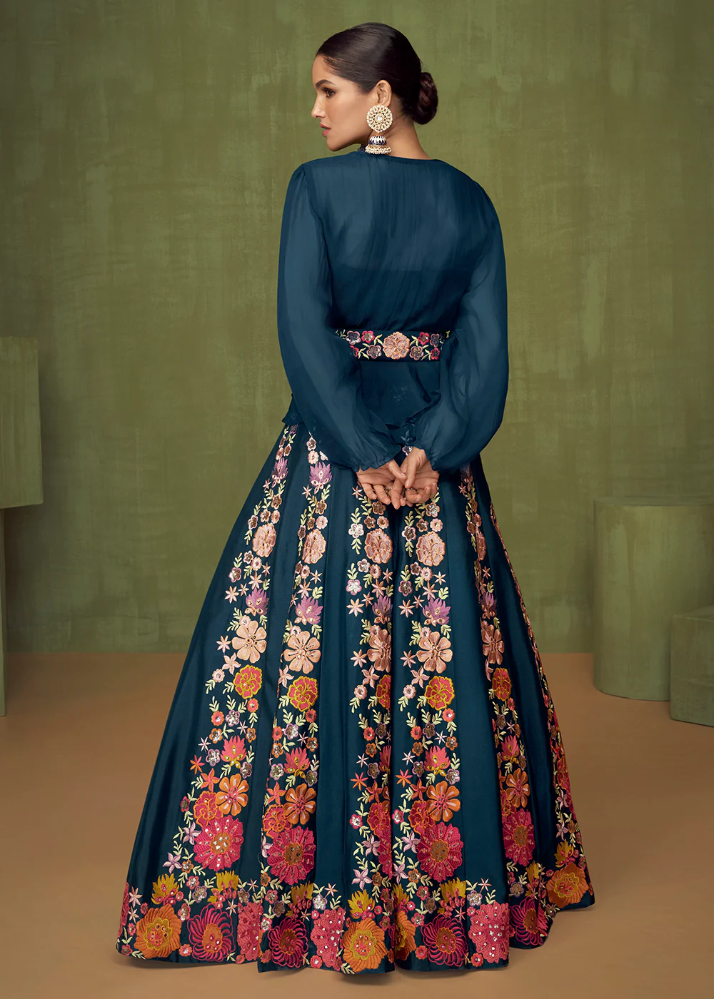 Wedding Party Peacock Blue Bridesmaid Peplum Anarkali Style Skirt - Image 3