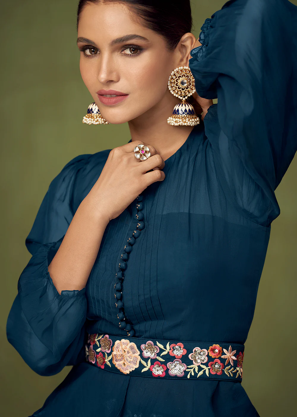 Wedding Party Peacock Blue Bridesmaid Peplum Anarkali Style Skirt - Image 4