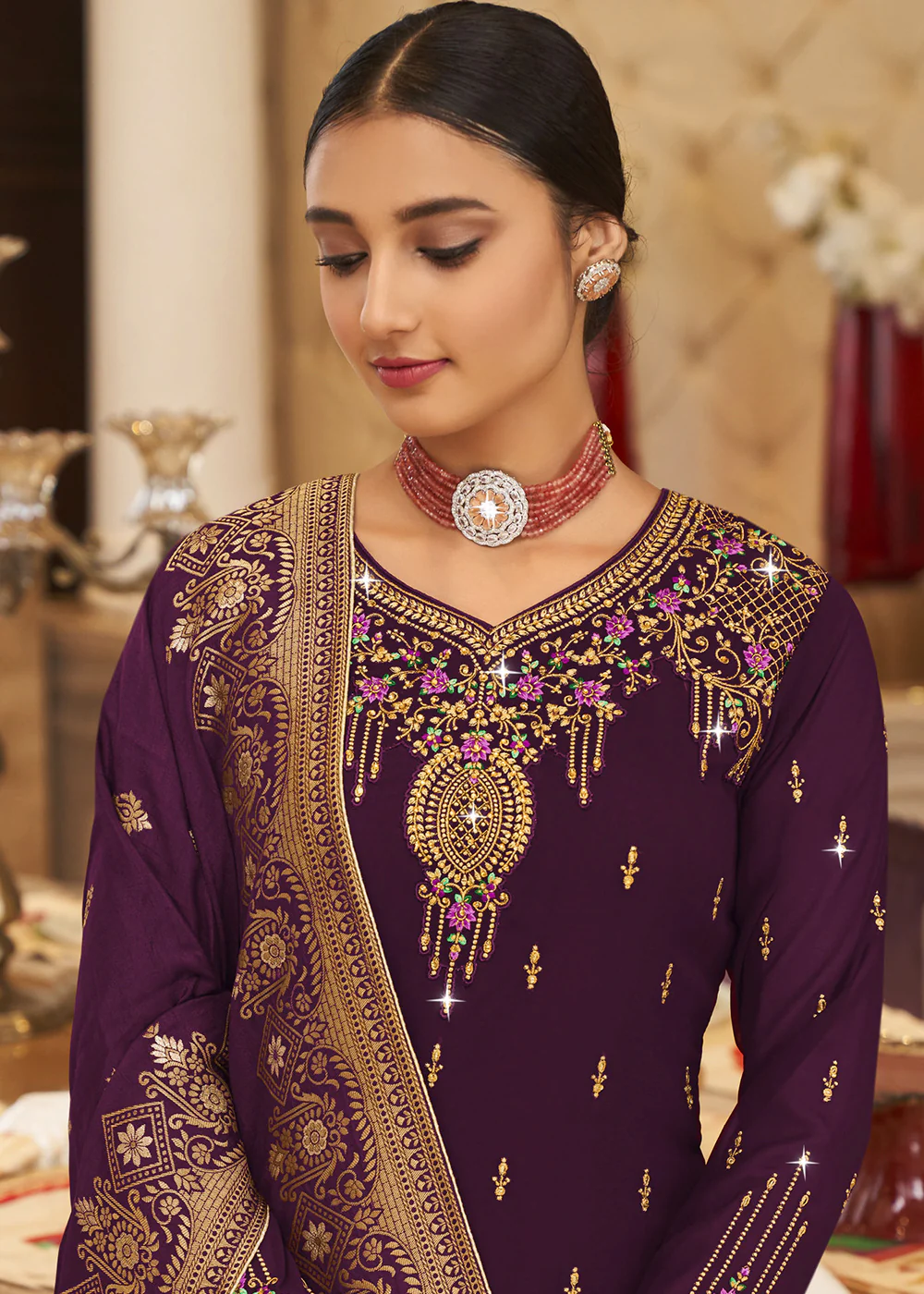 Wedding Party Phenomenal Wine Thread & Zari Salwar Suit - Image 2