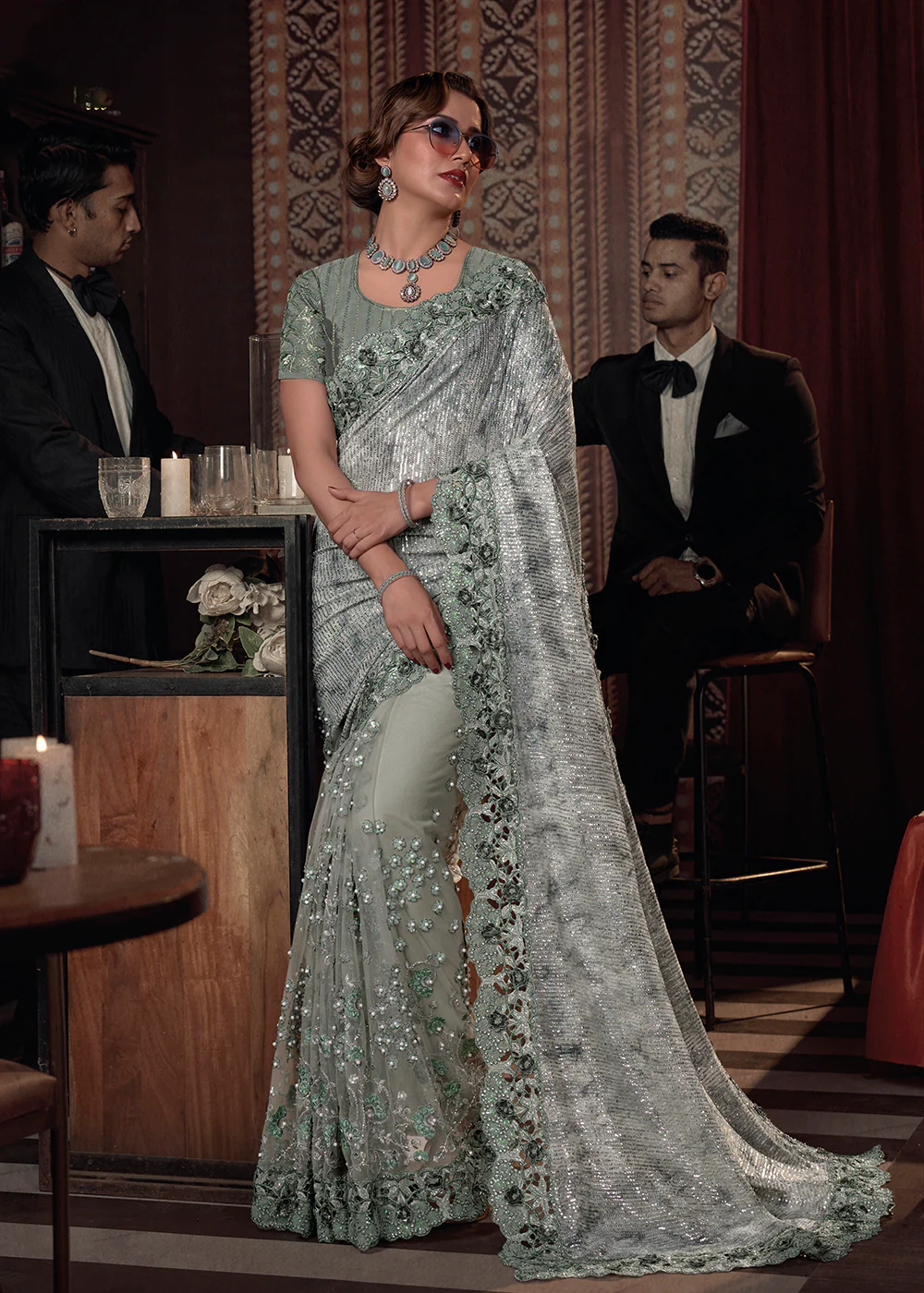 Wedding Party Pista Green Net Embroidered Designer Saree