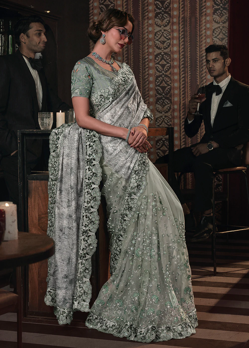 Wedding Party Pista Green Net Embroidered Designer Saree - Image 4