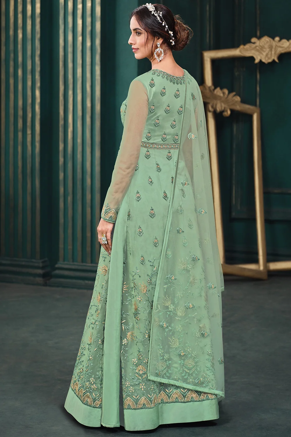 Wedding Party Sage Green Net Designer Anarkali Suit - Image 3