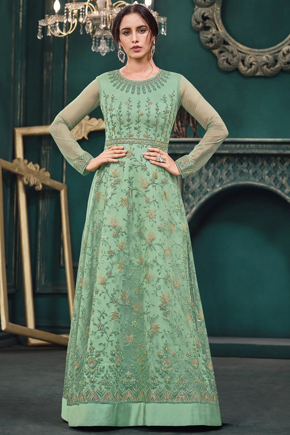 Wedding Party Sage Green Net Designer Anarkali Suit - Image 4