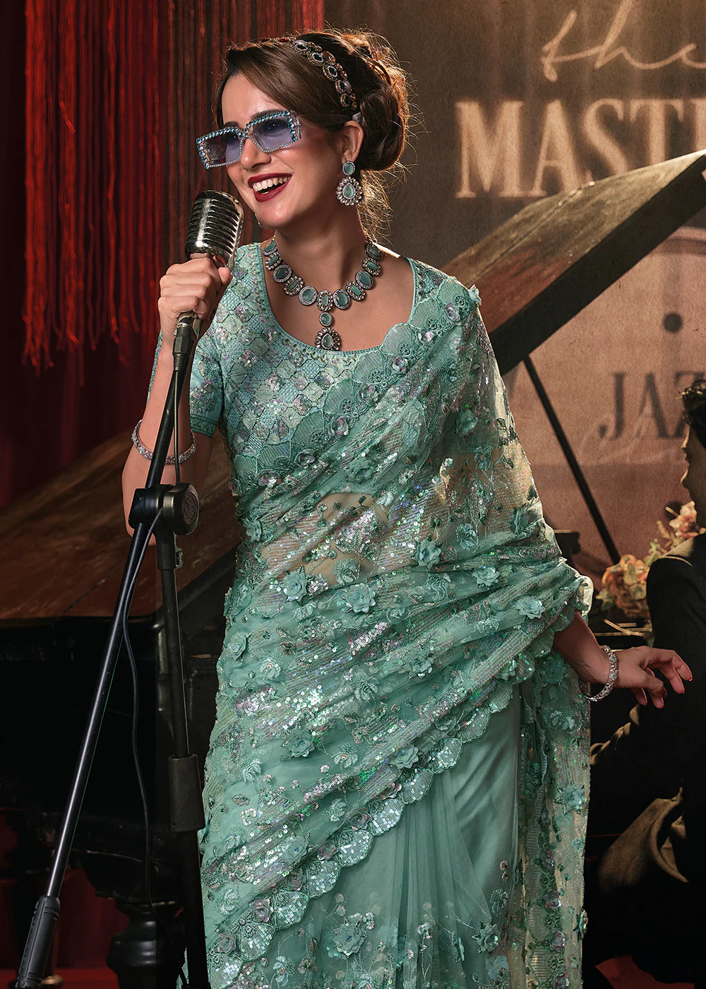 Wedding Party Sea Green Net Embroidered Designer Saree - Image 2