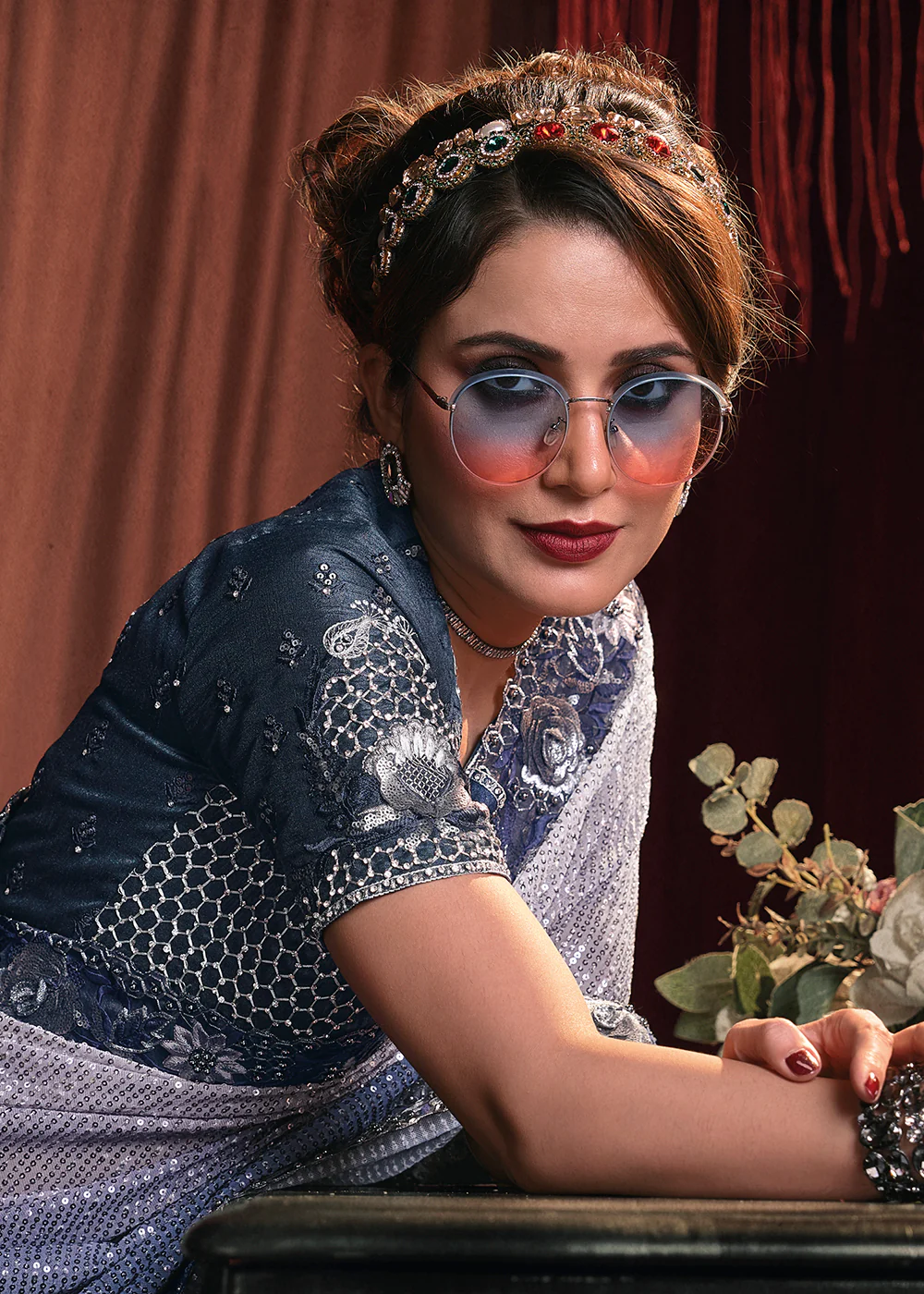 Wedding Party Shaded Blue Net Embroidered Designer Saree - Image 2