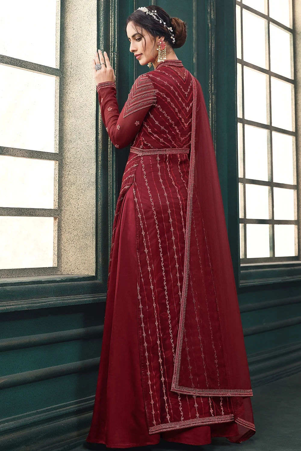 Wedding Party Slit Cut Maroon Net Designer Anarkali Suit - Image 3